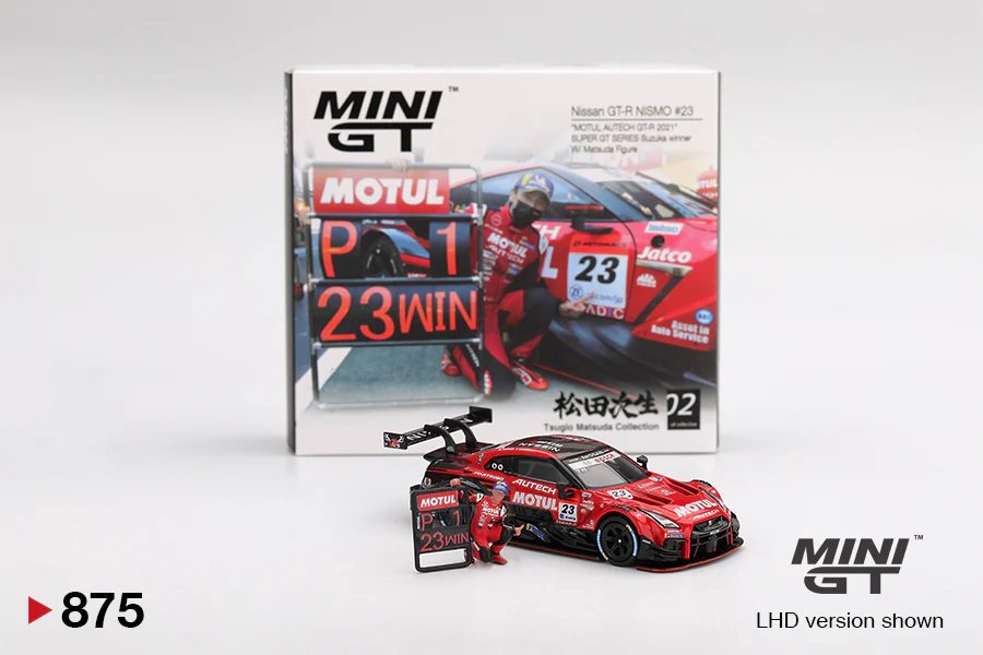 2025 MINI GT #875 Nissan GT-R NISMO #23 MOTUL AUTECH GT-R 2021 SUPER GT Suzuka winner W/ Matsuda Figure Tsugio Matsuda Collection No.2