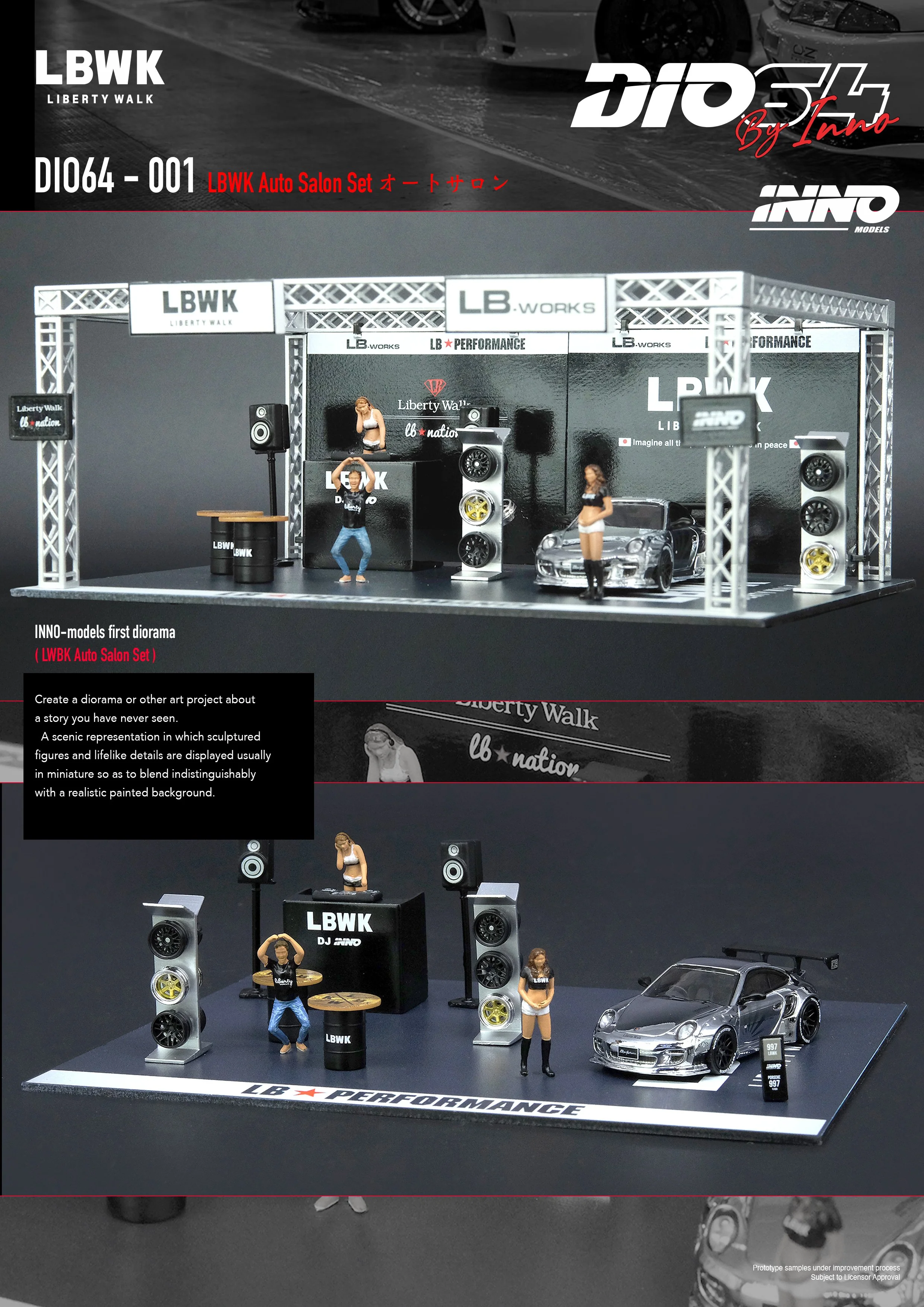INNO64 LBWK Auto Salon Diorama 997 LBWK Chrome and 3 figures DIO64-001 - Image 3